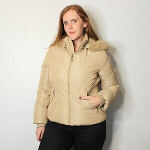 Via Spiga Down Feather Puffer Coat Blue Fox Fur Collar Hood Jacket Large Beige